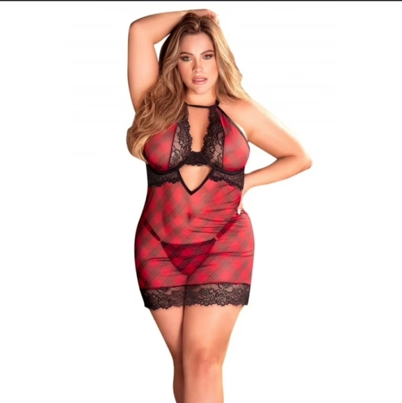 Maple- Plaid Sheer & Lacie Trim Babydoll Lingerie (Red/Black)-S - Picture 1 of 1